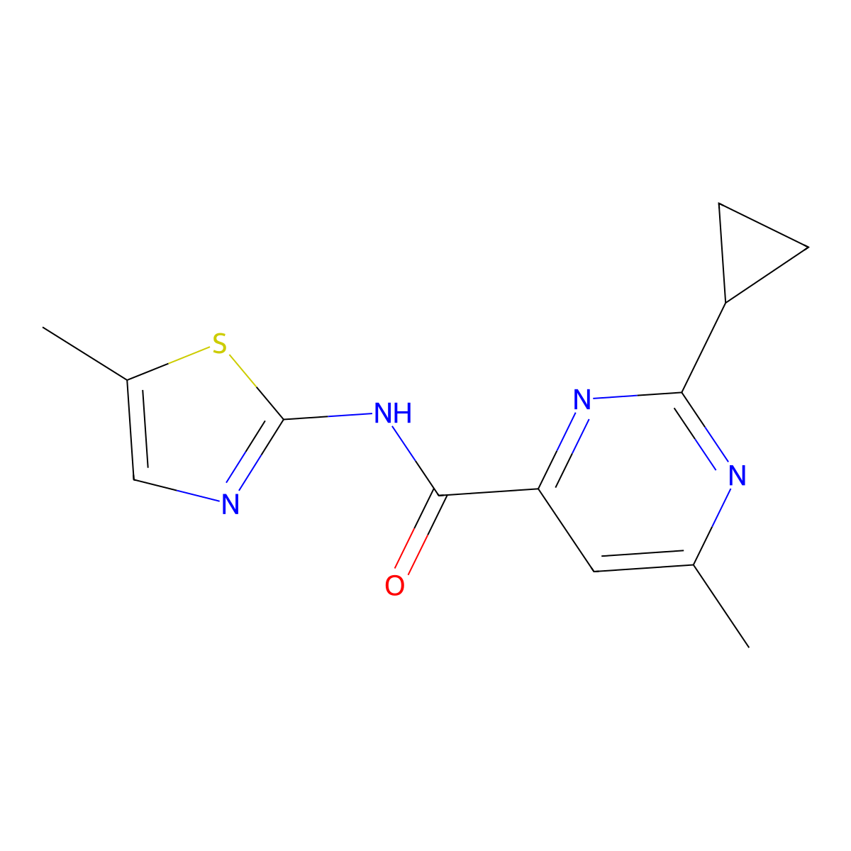 2-cyclopropyl-6-methyl-N-(5-methyl-1,3-thiazol-2-yl)pyrimidine-4-carboxamide molecular structure, CAS 2415624-10-9