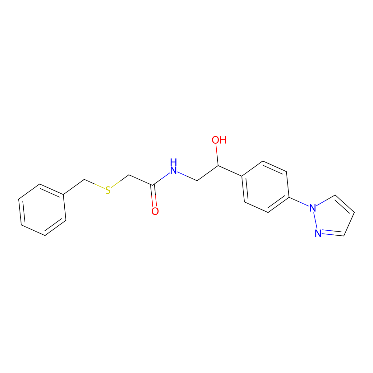 2-(benzylsulfanyl)-N-{2-hydroxy-2-[4-(1H-pyrazol-1-yl)phenyl]ethyl}acetamide molecular structure, CAS 2415624-14-3