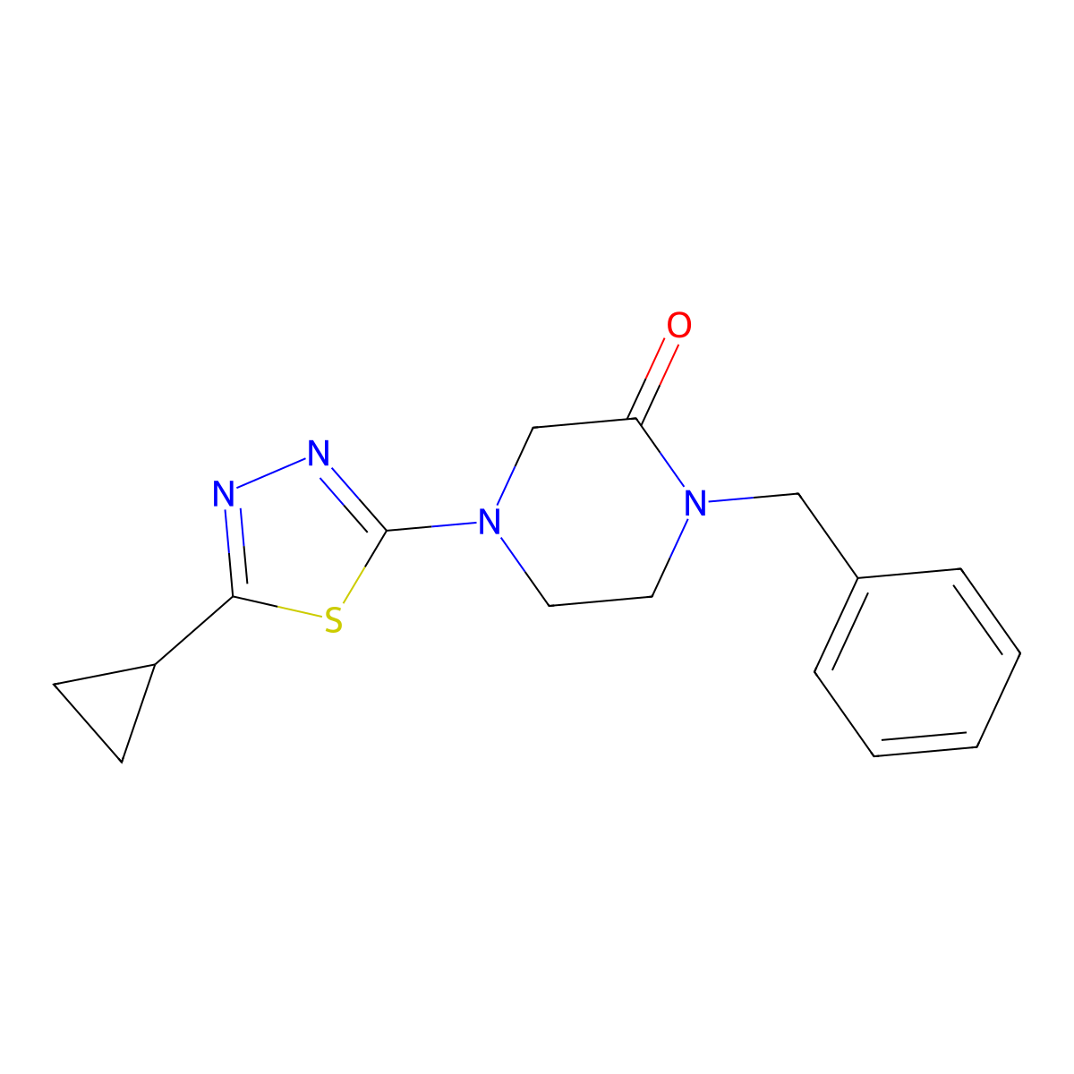 1-Benzyl-4-(5-cyclopropyl-1,3,4-thiadiazol-2-yl)piperazin-2-one molecular structure, CAS 2415624-34-7