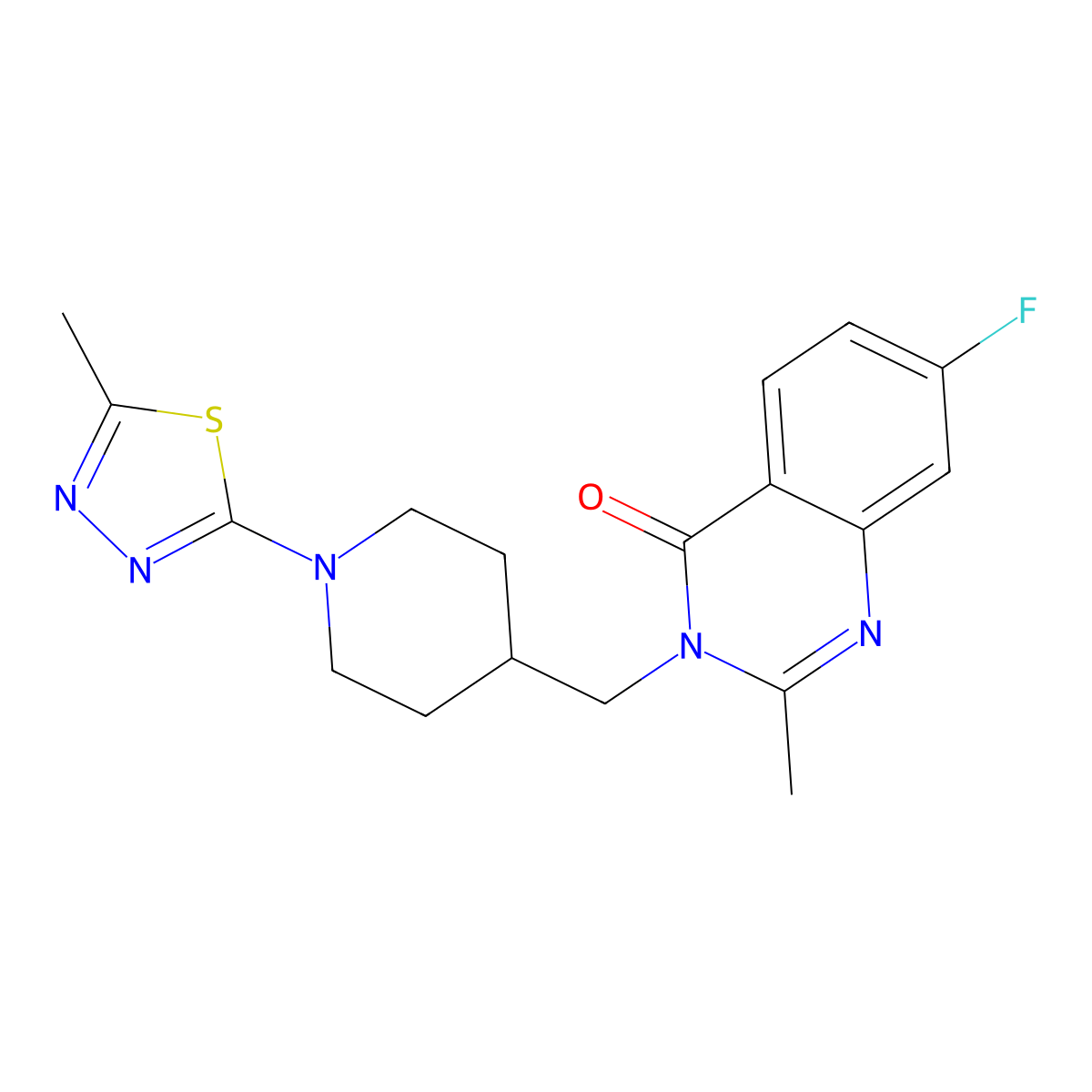 7-Fluoro-2-methyl-3-{[1-(5-methyl-1,3,4-thiadiazol-2-yl)piperidin-4-yl]methyl}-3,4-dihydroquinazolin-4-one molecular structure, CAS 2415624-35-8