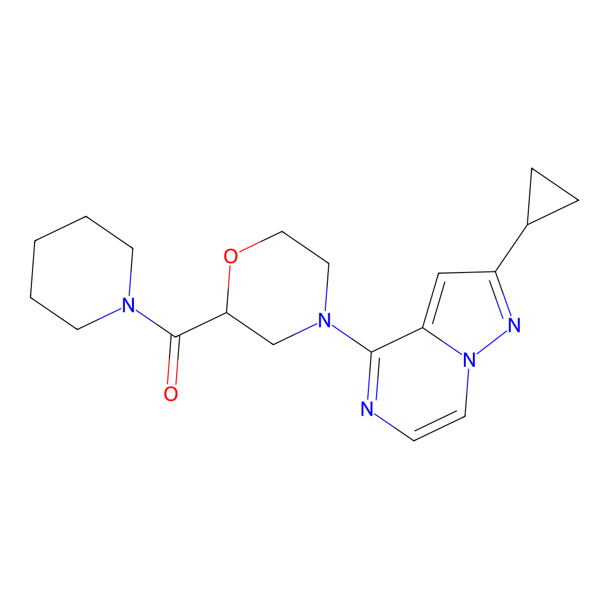 4-{2-Cyclopropylpyrazolo[1,5-a]pyrazin-4-yl}-2-(piperidine-1-carbonyl)morpholine molecular structure, CAS 2415624-37-0