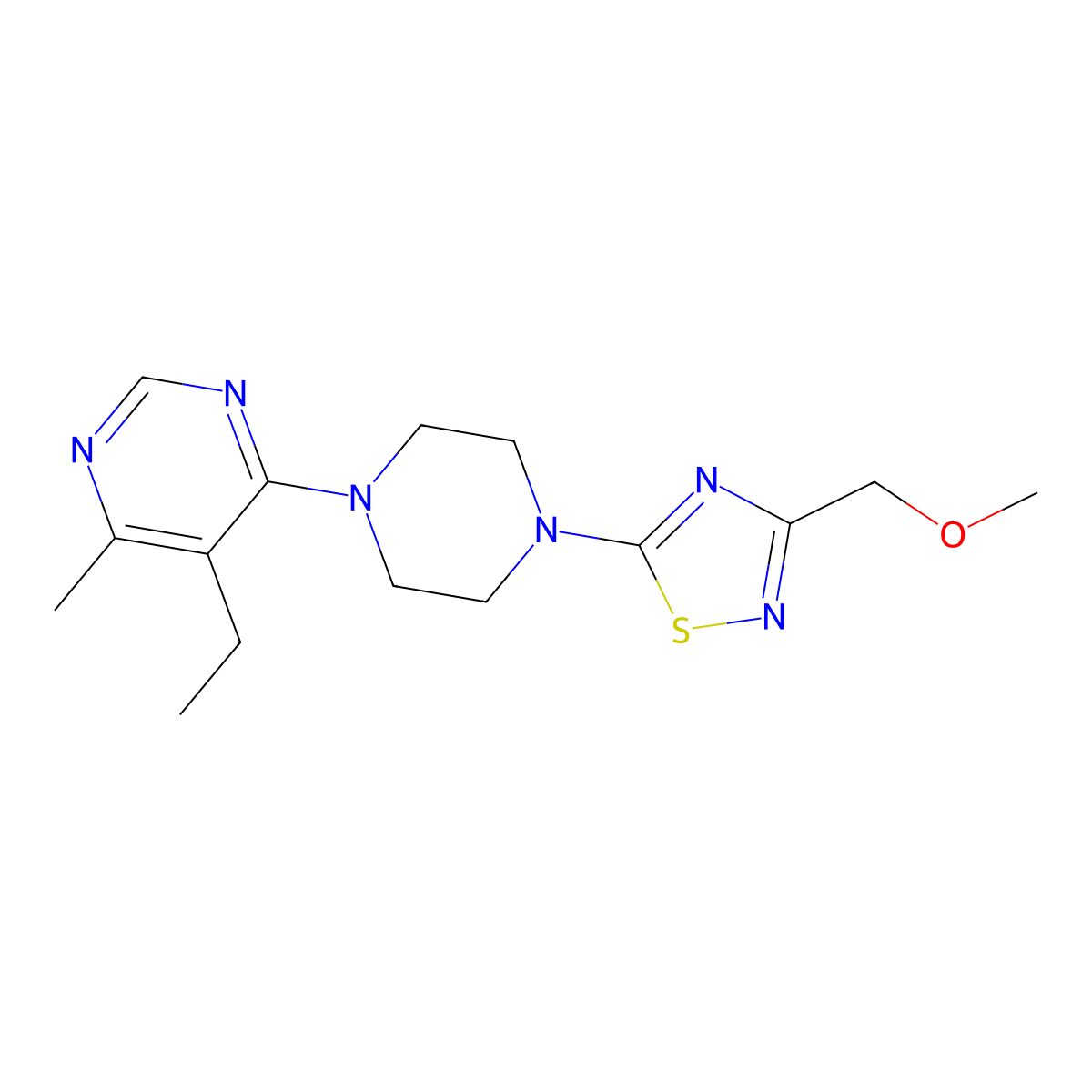 5-Ethyl-4-{4-[3-(methoxymethyl)-1,2,4-thiadiazol-5-yl]piperazin-1-yl}-6-methylpyrimidine molecular structure, CAS 2415624-38-1