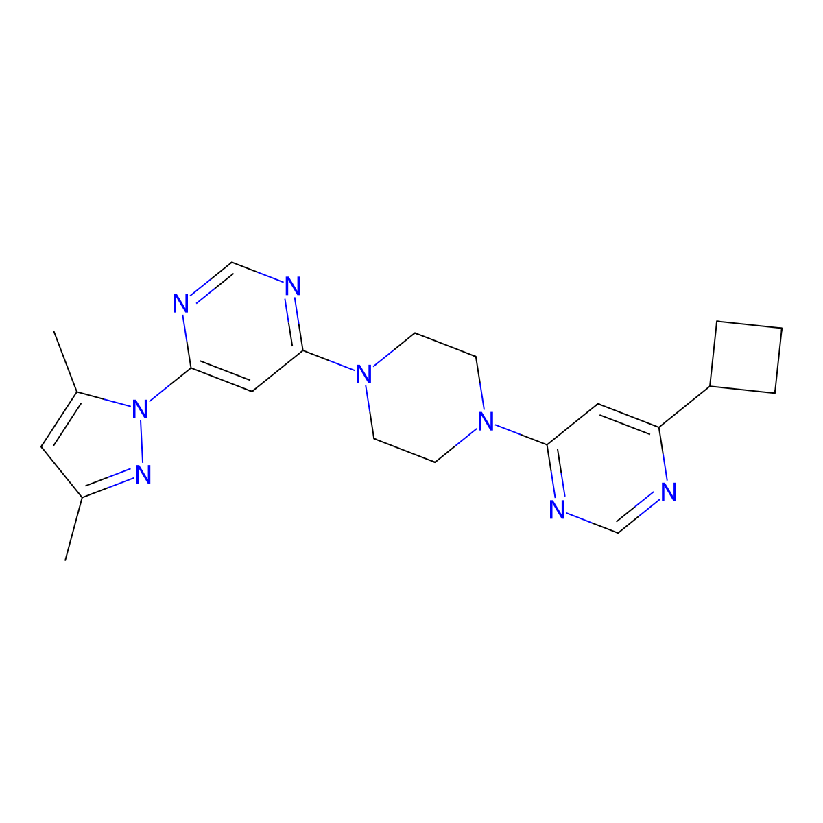 4-[4-(6-cyclobutylpyrimidin-4-yl)piperazin-1-yl]-6-(3,5-dimethyl-1H-pyrazol-1-yl)pyrimidine molecular structure, CAS 2415624-41-6