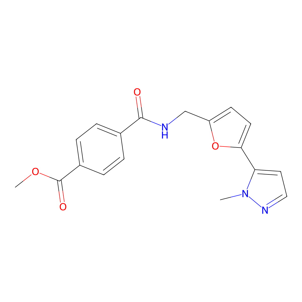 methyl 4-({[5-(1-methyl-1H-pyrazol-5-yl)furan-2-yl]methyl}carbamoyl)benzoate molecular structure, CAS 2415624-42-7