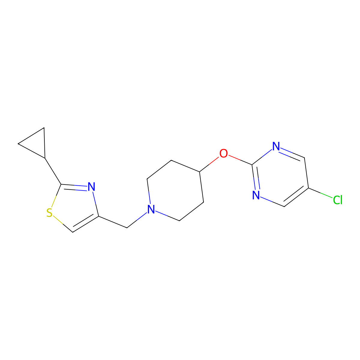 5-Chloro-2-({1-[(2-cyclopropyl-1,3-thiazol-4-yl)methyl]piperidin-4-yl}oxy)pyrimidine molecular structure, CAS 2415624-48-3