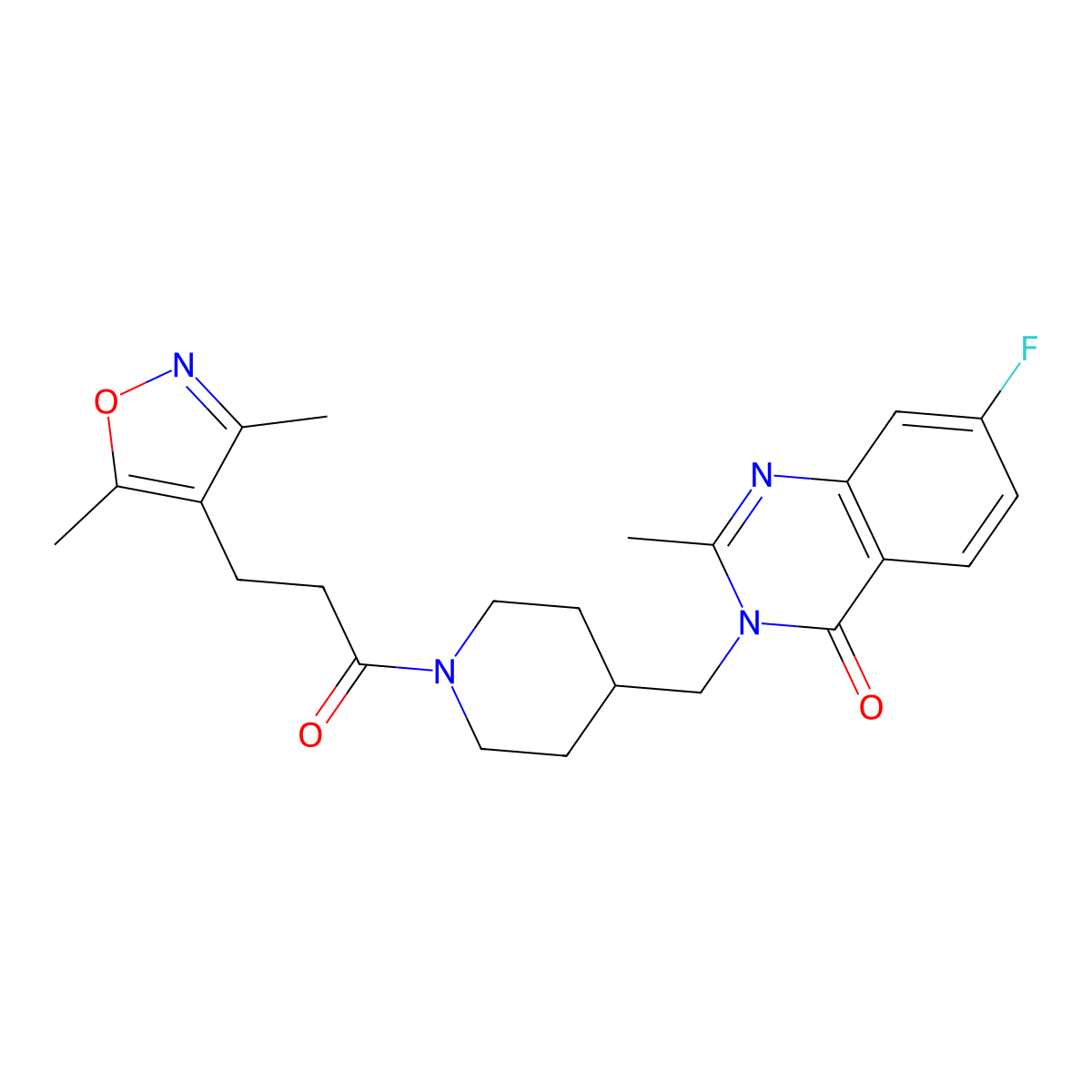 3-({1-[3-(3,5-Dimethyl-1,2-oxazol-4-yl)propanoyl]piperidin-4-yl}methyl)-7-fluoro-2-methyl-3,4-dihydroquinazolin-4-one molecular structure, CAS 2415624-50-7