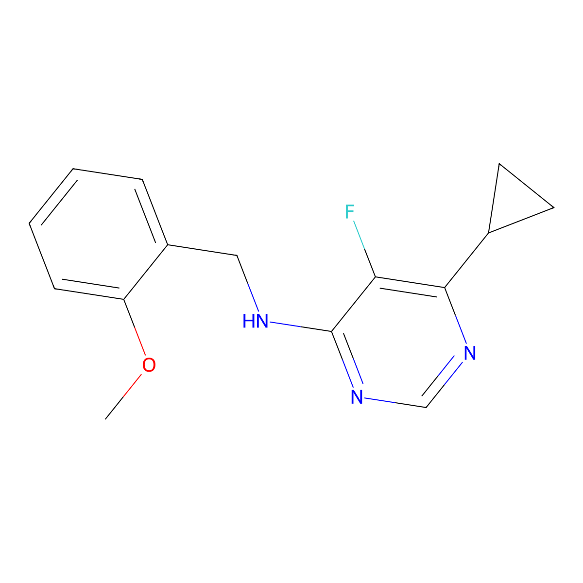 6-Cyclopropyl-5-fluoro-N-[(2-methoxyphenyl)methyl]pyrimidin-4-amine molecular structure, CAS 2415624-52-9