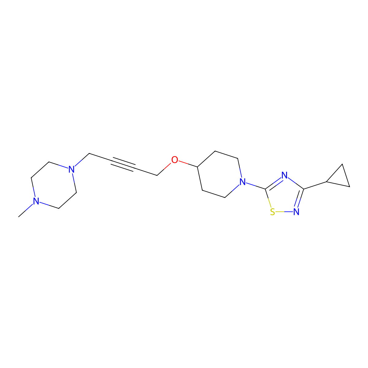 1-(4-{[1-(3-Cyclopropyl-1,2,4-thiadiazol-5-yl)piperidin-4-yl]oxy}but-2-yn-1-yl)-4-methylpiperazine molecular structure, CAS 2415624-53-0