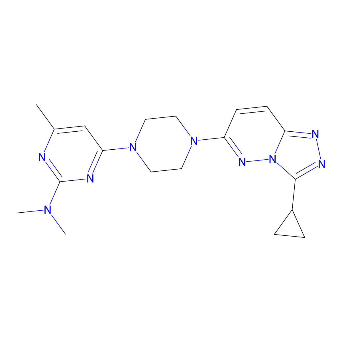 4-(4-{3-cyclopropyl-[1,2,4]triazolo[4,3-b]pyridazin-6-yl}piperazin-1-yl)-N,N,6-trimethylpyrimidin-2-amine molecular structure, CAS 2415624-57-4