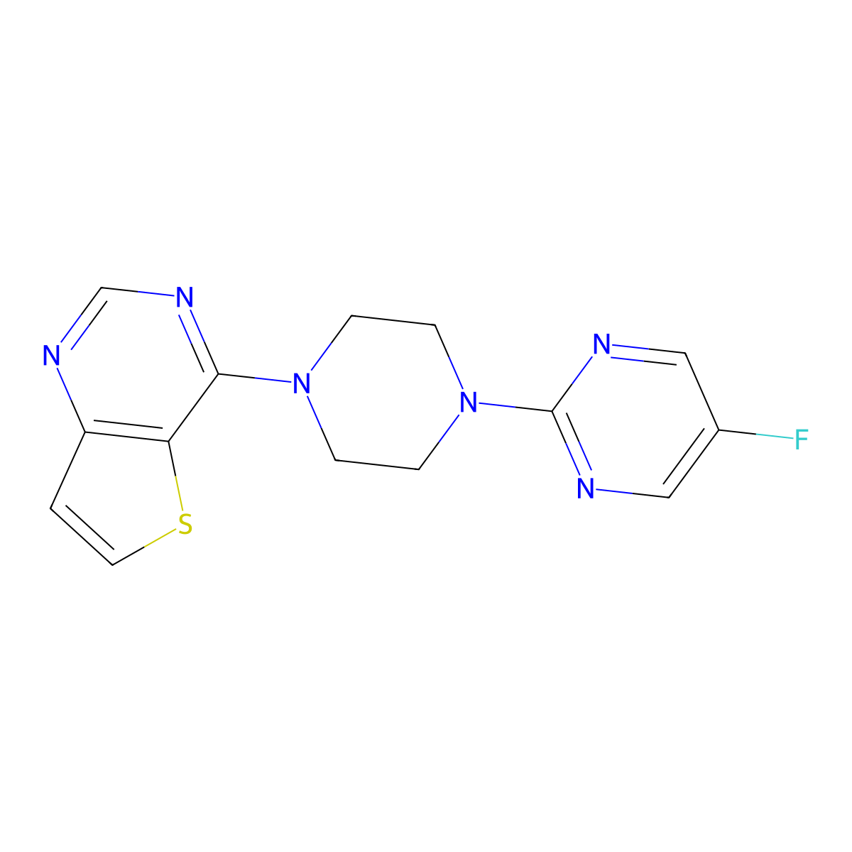 5-Fluoro-2-(4-{thieno[3,2-d]pyrimidin-4-yl}piperazin-1-yl)pyrimidine molecular structure, CAS 2415624-60-9