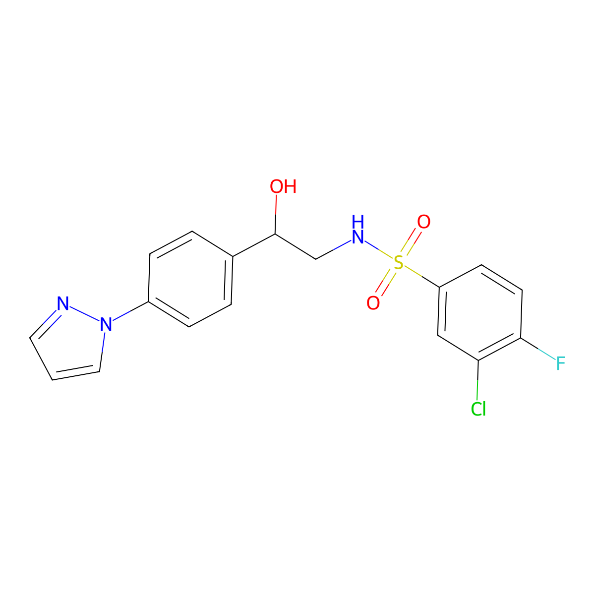 3-chloro-4-fluoro-N-{2-hydroxy-2-[4-(1H-pyrazol-1-yl)phenyl]ethyl}benzene-1-sulfonamide molecular structure, CAS 2415624-66-5