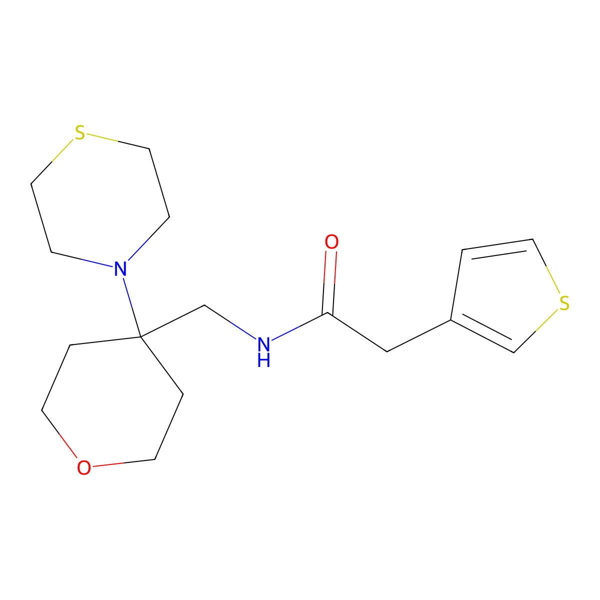 N-{[4-(thiomorpholin-4-yl)oxan-4-yl]methyl}-2-(thiophen-3-yl)acetamide molecular structure, CAS 2415624-67-6