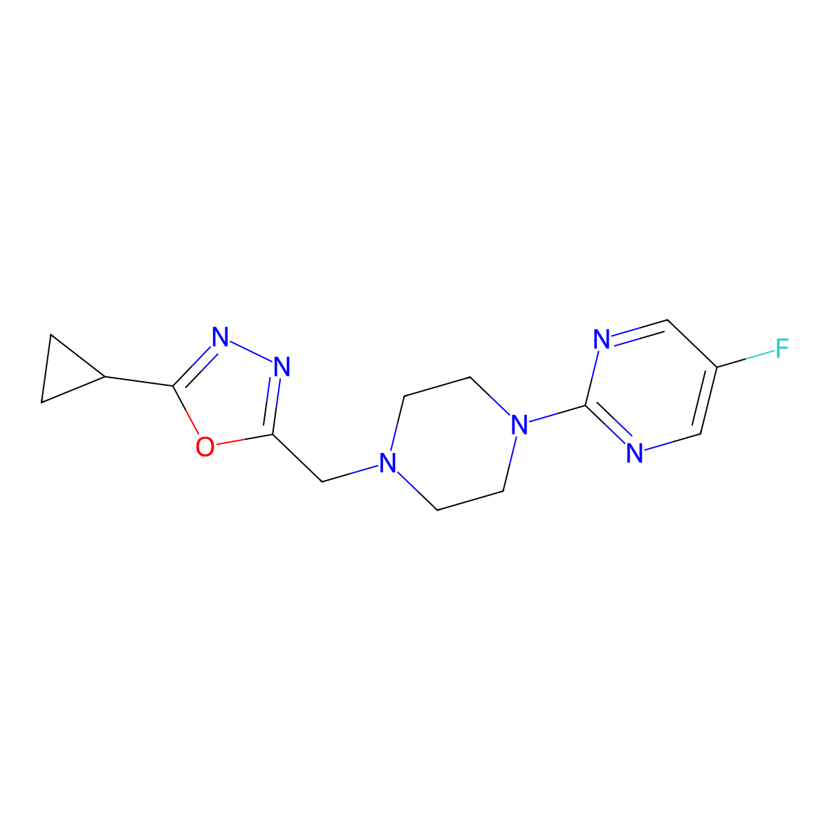 2-{4-[(5-Cyclopropyl-1,3,4-oxadiazol-2-yl)methyl]piperazin-1-yl}-5-fluoropyrimidine molecular structure, CAS 2415624-71-2