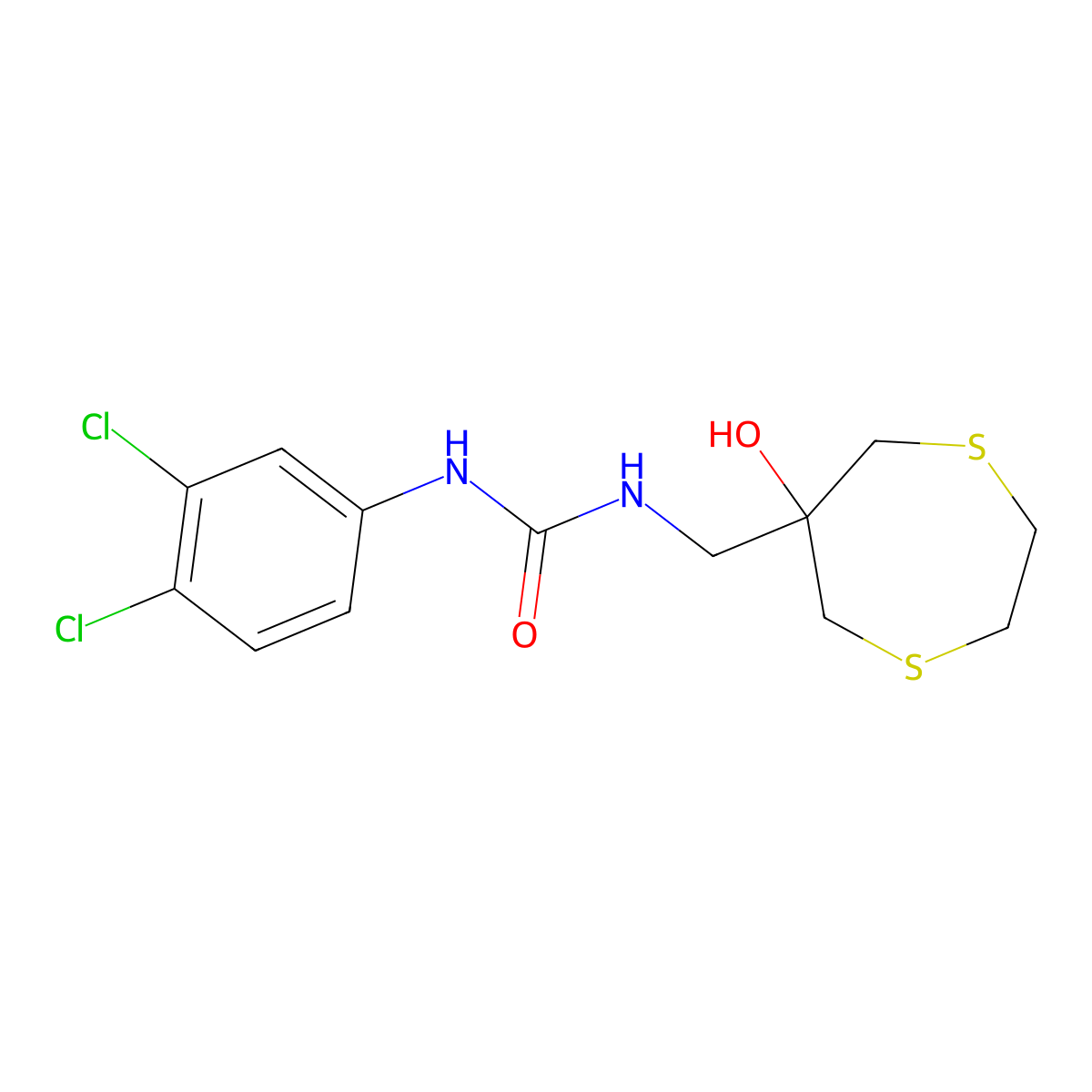 3-(3,4-Dichlorophenyl)-1-[(6-hydroxy-1,4-dithiepan-6-yl)methyl]urea molecular structure, CAS 2415624-72-3
