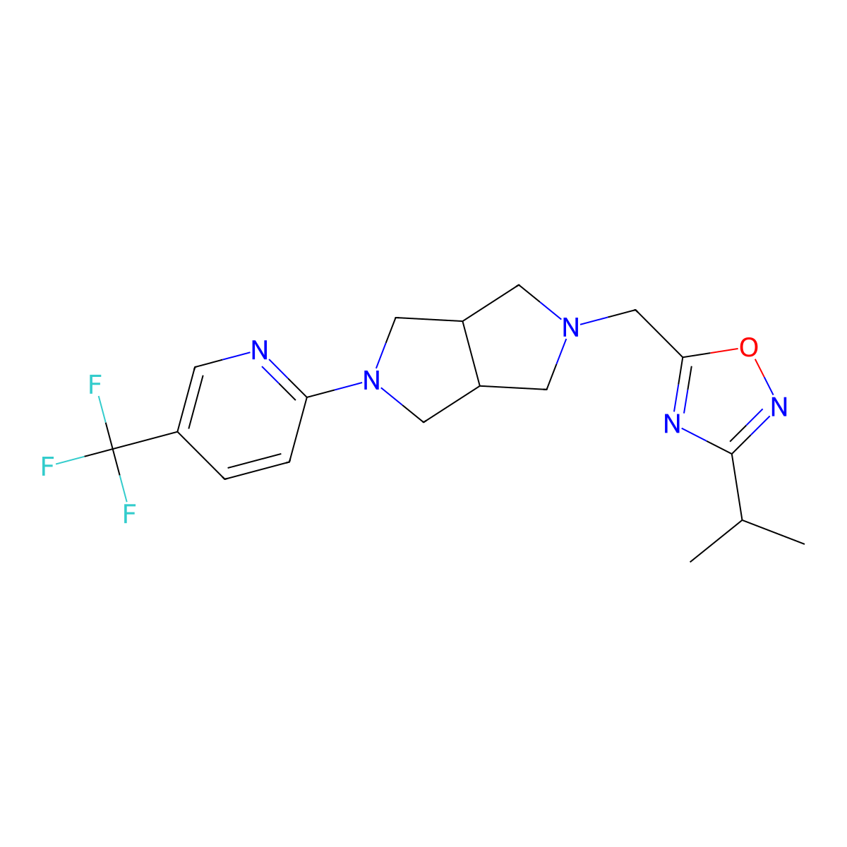 2-(5-{[3-(Propan-2-yl)-1,2,4-oxadiazol-5-yl]methyl}-octahydropyrrolo[3,4-c]pyrrol-2-yl)-5-(trifluoromethyl)pyridine molecular structure, CAS 2415624-80-3