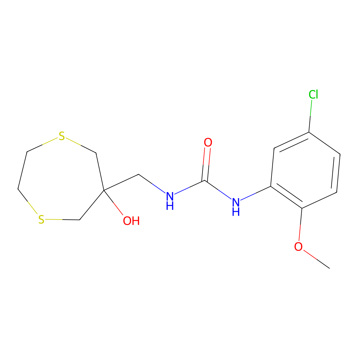 3-(5-Chloro-2-methoxyphenyl)-1-[(6-hydroxy-1,4-dithiepan-6-yl)methyl]urea molecular structure, CAS 2415624-81-4