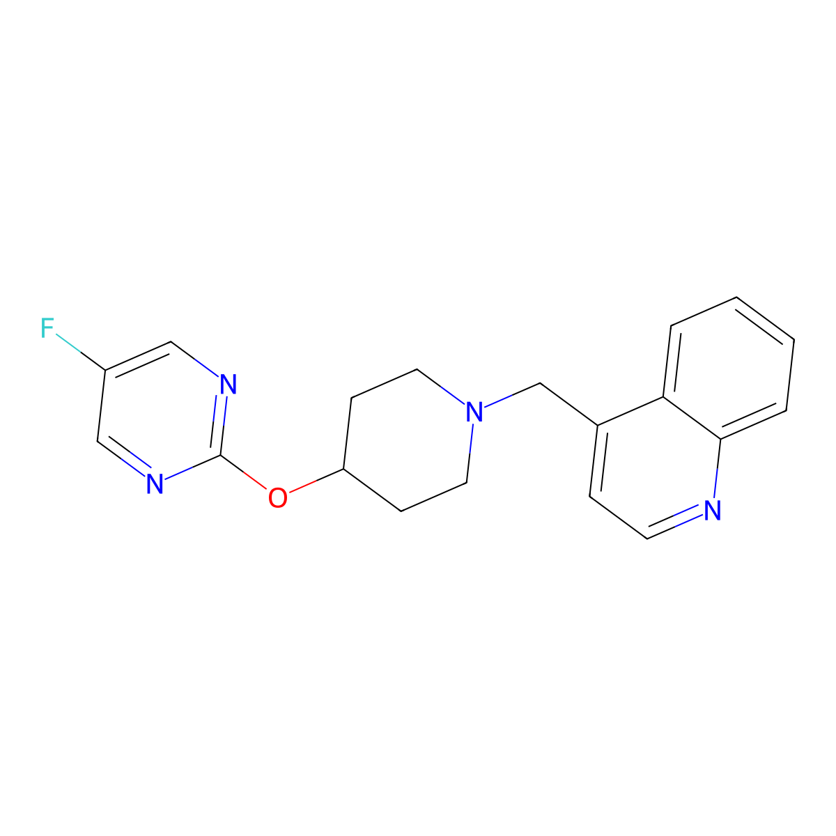 4-({4-[(5-Fluoropyrimidin-2-yl)oxy]piperidin-1-yl}methyl)quinoline molecular structure, CAS 2415624-83-6