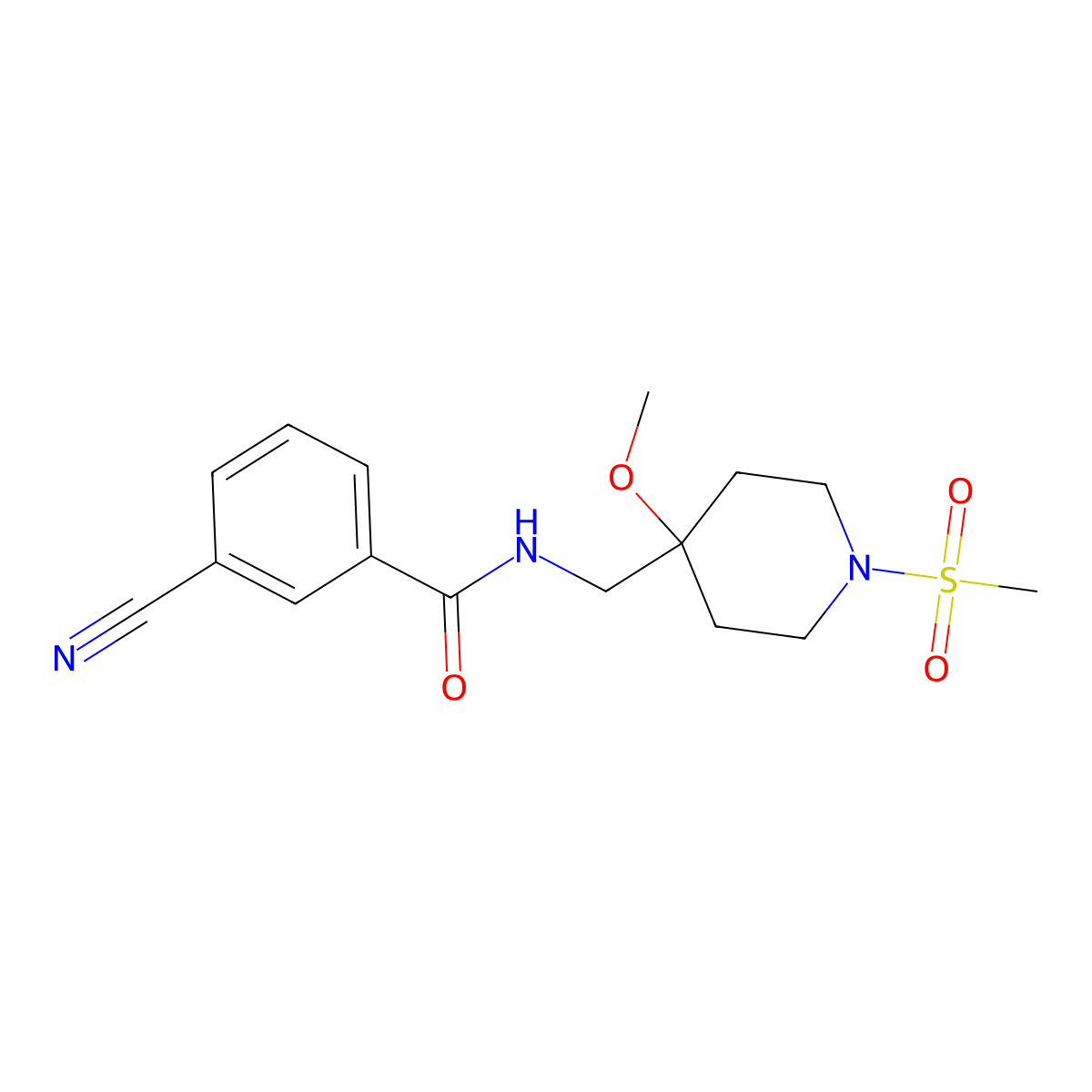 3-Cyano-N-[(4-methoxy-1-methylsulfonylpiperidin-4-yl)methyl]benzamide molecular structure, CAS 2415624-85-8