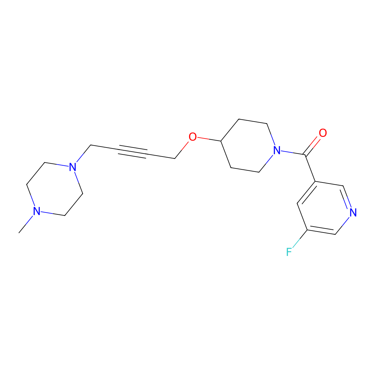 1-(4-{[1-(5-Fluoropyridine-3-carbonyl)piperidin-4-yl]oxy}but-2-yn-1-yl)-4-methylpiperazine molecular structure, CAS 2415624-89-2