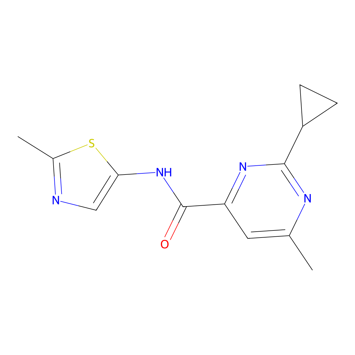 2-Cyclopropyl-6-methyl-N-(2-methyl-1,3-thiazol-5-yl)pyrimidine-4-carboxamide molecular structure, CAS 2415624-91-6