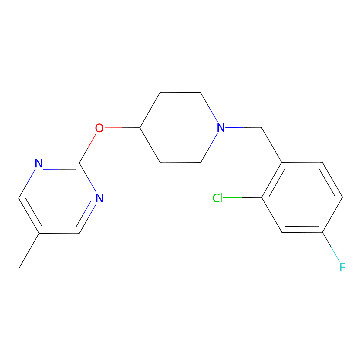 2-({1-[(2-Chloro-4-fluorophenyl)methyl]piperidin-4-yl}oxy)-5-methylpyrimidine molecular structure, CAS 2415625-02-2