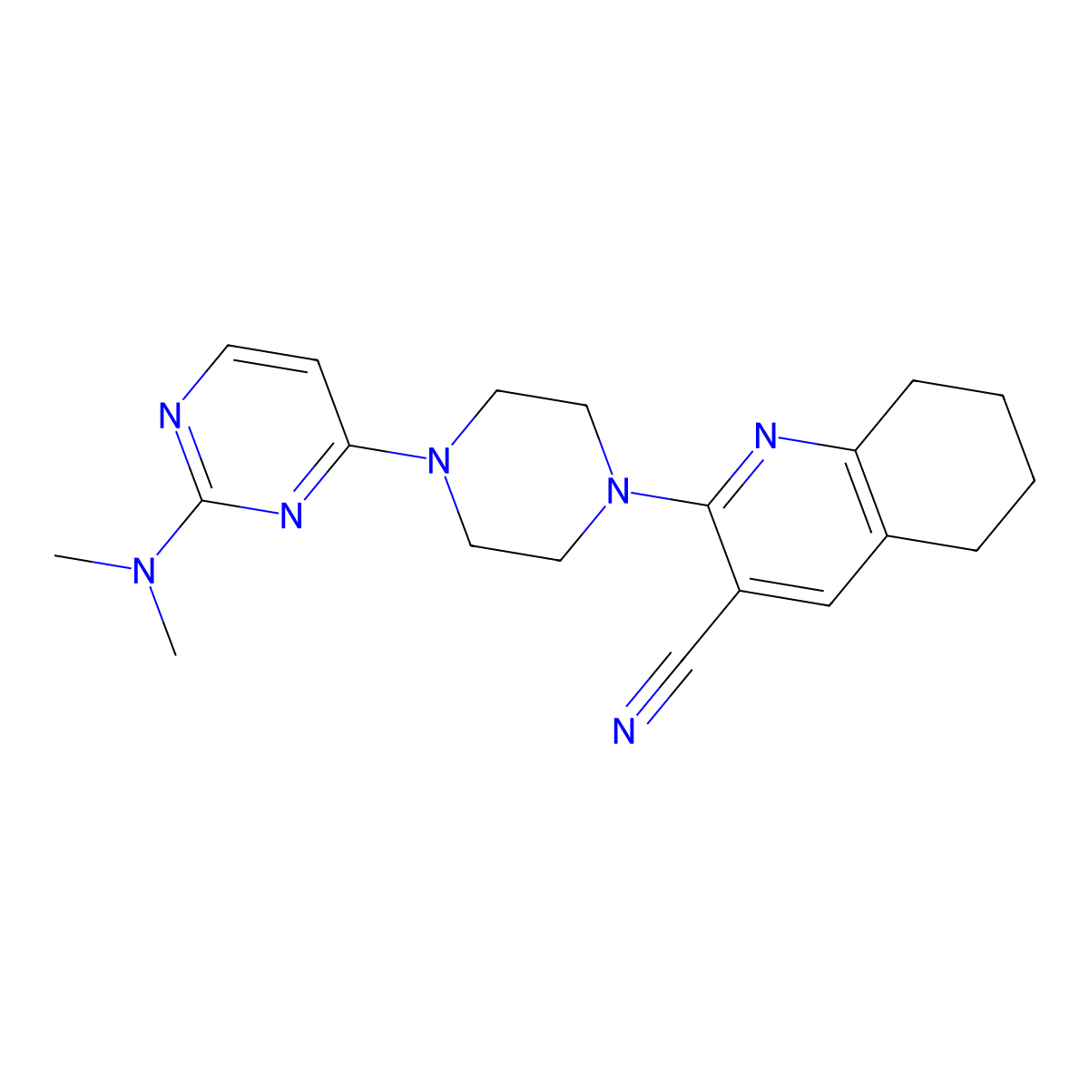 2-{4-[2-(Dimethylamino)pyrimidin-4-yl]piperazin-1-yl}-5,6,7,8-tetrahydroquinoline-3-carbonitrile molecular structure, CAS 2415625-08-8