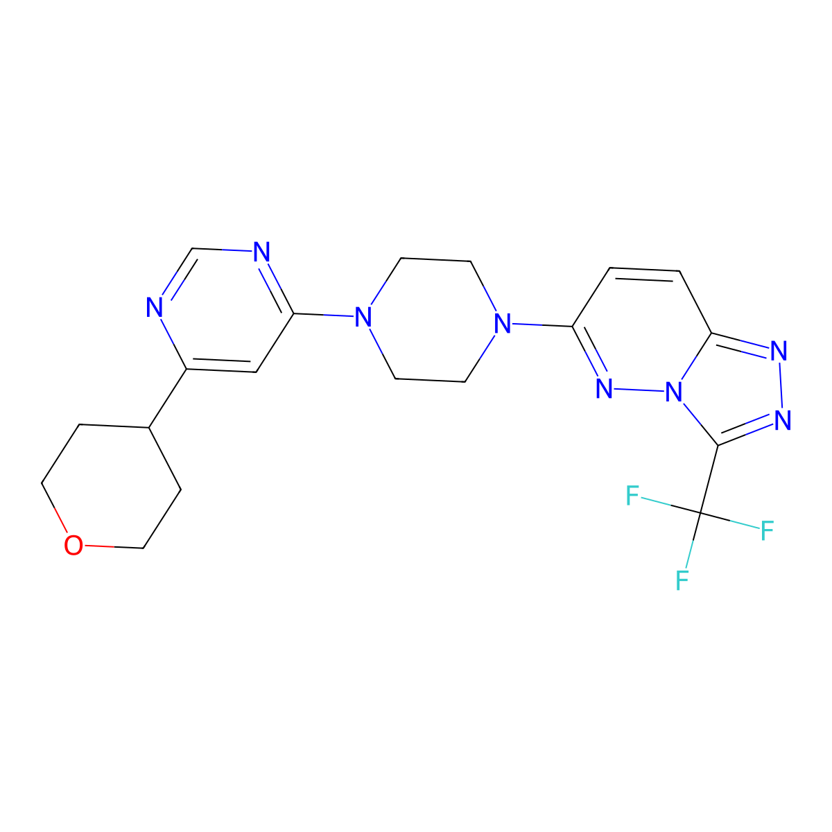 4-(Oxan-4-yl)-6-{4-[3-(trifluoromethyl)-[1,2,4]triazolo[4,3-b]pyridazin-6-yl]piperazin-1-yl}pyrimidine molecular structure, CAS 2415625-15-7