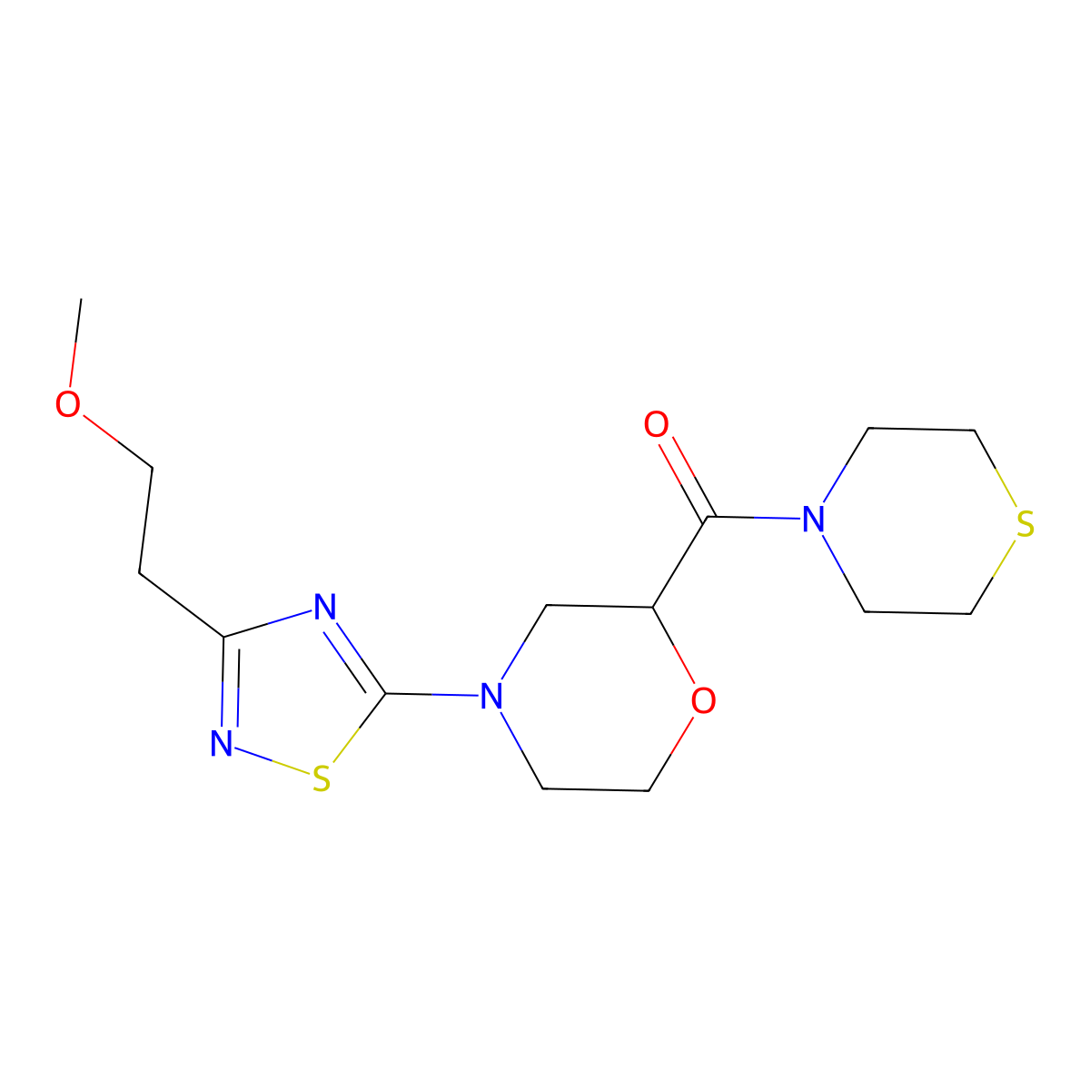 4-[3-(2-Methoxyethyl)-1,2,4-thiadiazol-5-yl]-2-(thiomorpholine-4-carbonyl)morpholine molecular structure, CAS 2415625-16-8