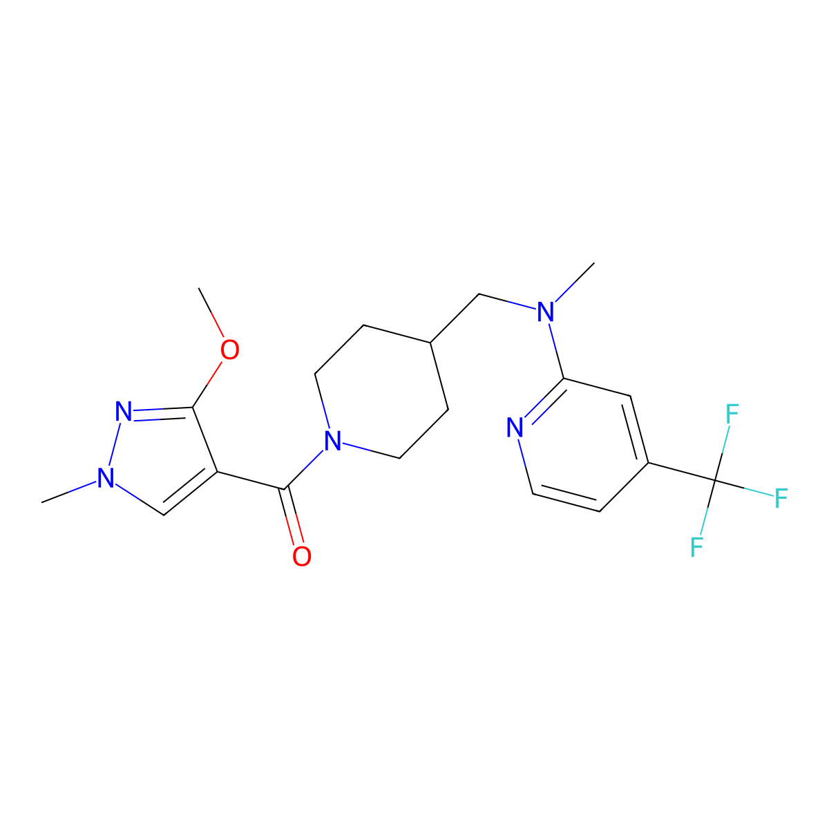 N-{[1-(3-methoxy-1-methyl-1H-pyrazole-4-carbonyl)piperidin-4-yl]methyl}-N-methyl-4-(trifluoromethyl)pyridin-2-amine molecular structure, CAS 2415625-18-0