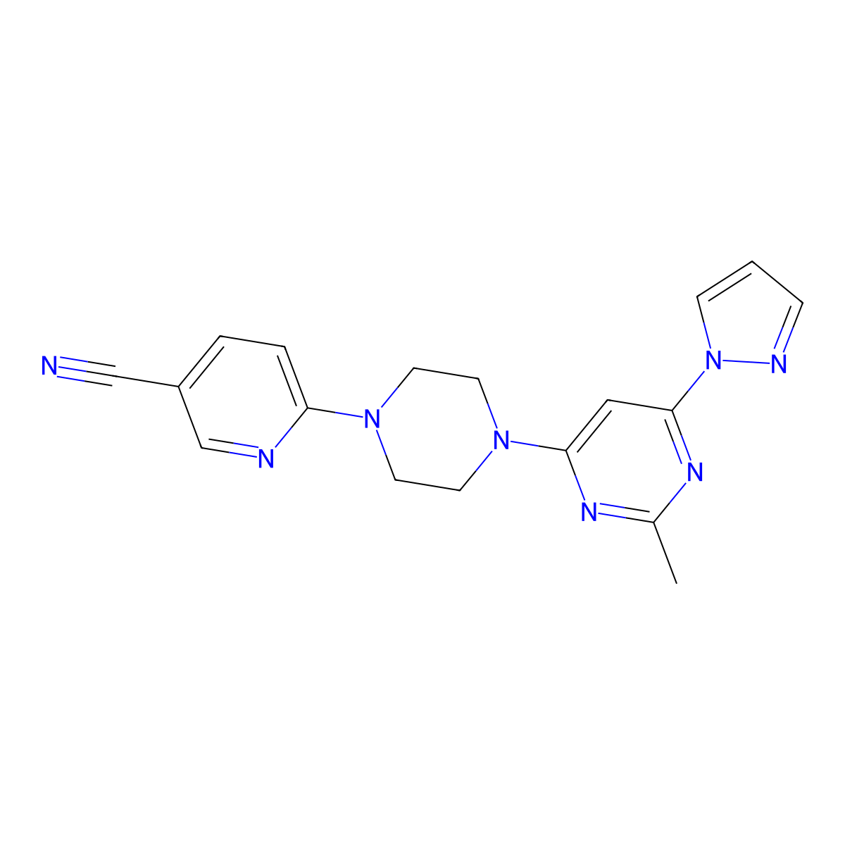 6-{4-[2-methyl-6-(1H-pyrazol-1-yl)pyrimidin-4-yl]piperazin-1-yl}pyridine-3-carbonitrile molecular structure, CAS 2415625-21-5