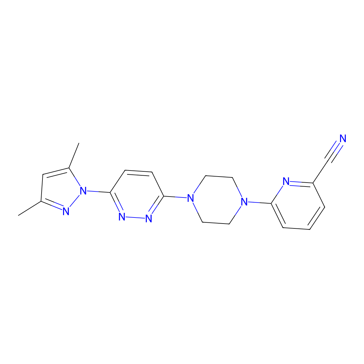 6-{4-[6-(3,5-dimethyl-1H-pyrazol-1-yl)pyridazin-3-yl]piperazin-1-yl}pyridine-2-carbonitrile molecular structure, CAS 2415625-26-0