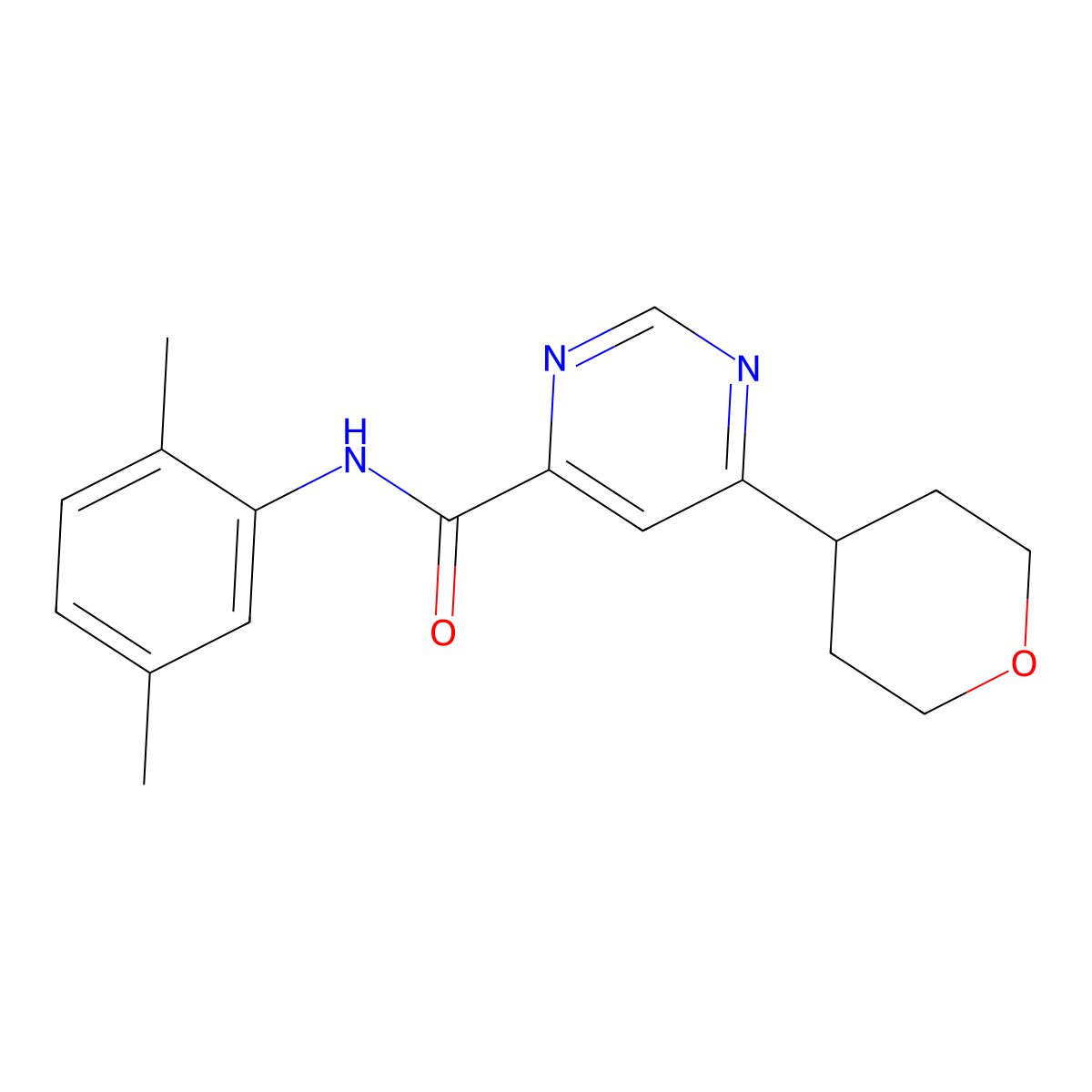 N-(2,5-Dimethylphenyl)-6-(oxan-4-yl)pyrimidine-4-carboxamide molecular structure, CAS 2415628-33-8