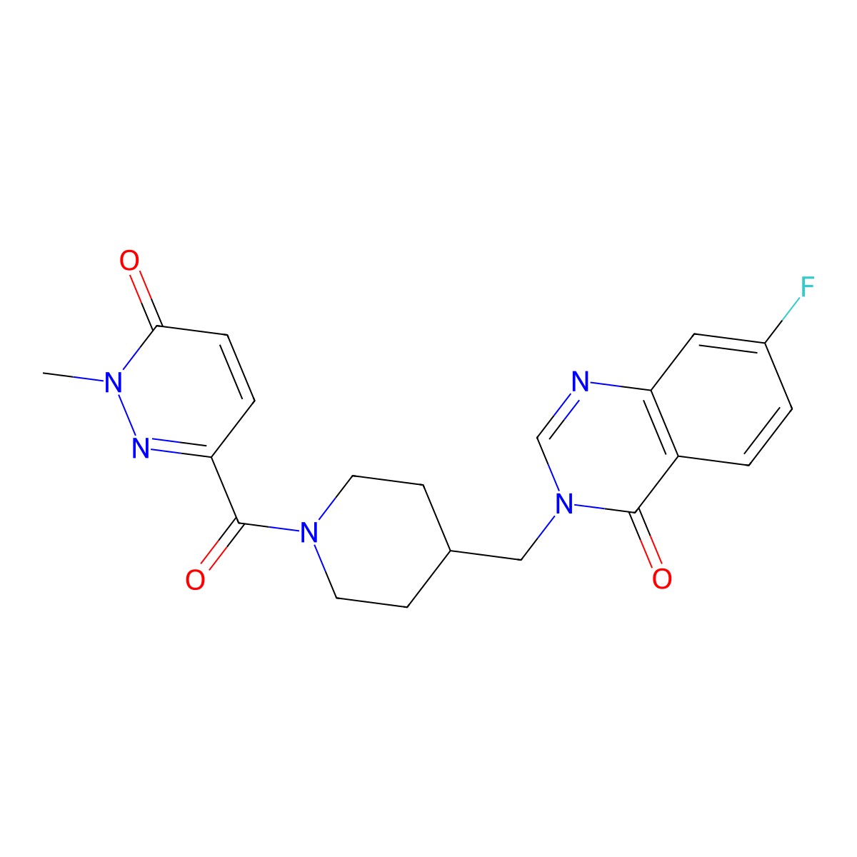 7-Fluoro-3-{[1-(1-methyl-6-oxo-1,6-dihydropyridazine-3-carbonyl)piperidin-4-yl]methyl}-3,4-dihydroquinazolin-4-one molecular structure, CAS 2415628-36-1