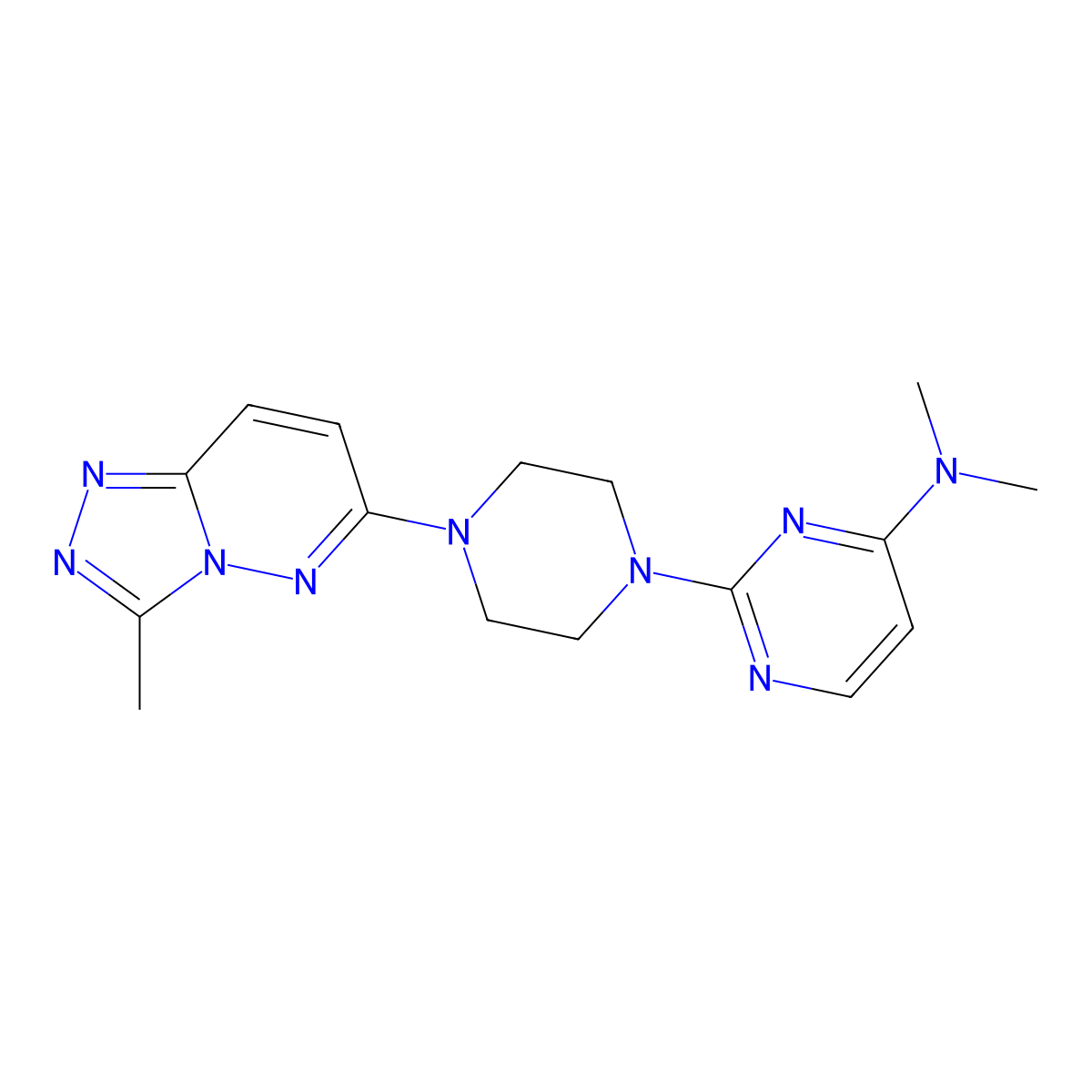 N,N-dimethyl-2-(4-{3-methyl-[1,2,4]triazolo[4,3-b]pyridazin-6-yl}piperazin-1-yl)pyrimidin-4-amine molecular structure, CAS 2415628-37-2
