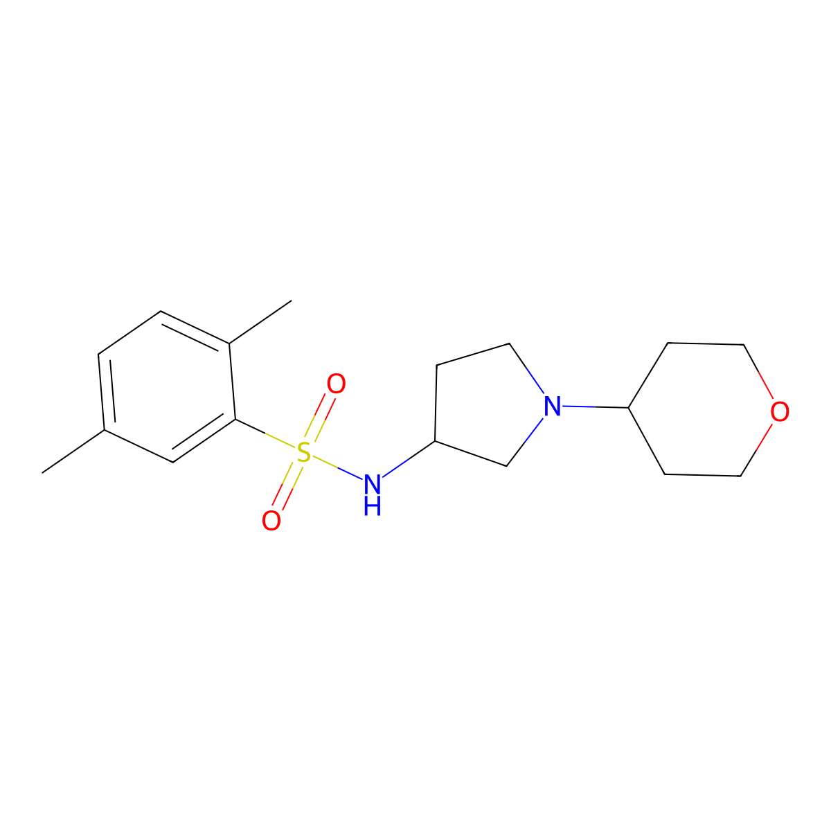 2,5-dimethyl-N-[1-(oxan-4-yl)pyrrolidin-3-yl]benzene-1-sulfonamide molecular structure, CAS 2415628-41-8