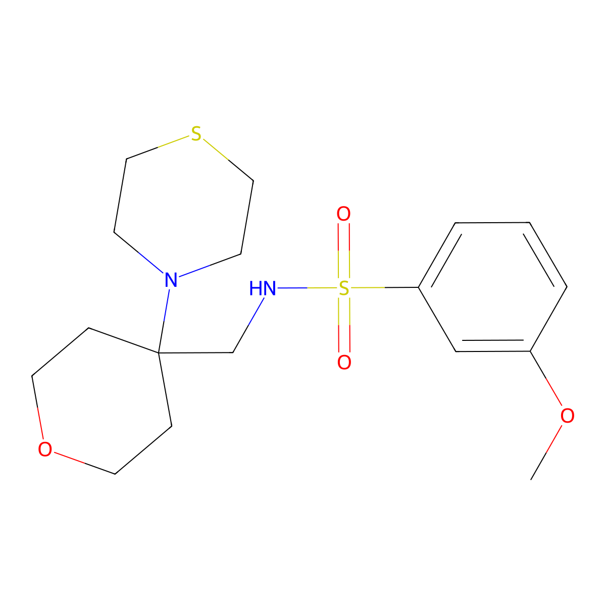 3-methoxy-N-{[4-(thiomorpholin-4-yl)oxan-4-yl]methyl}benzene-1-sulfonamide molecular structure, CAS 2415628-47-4