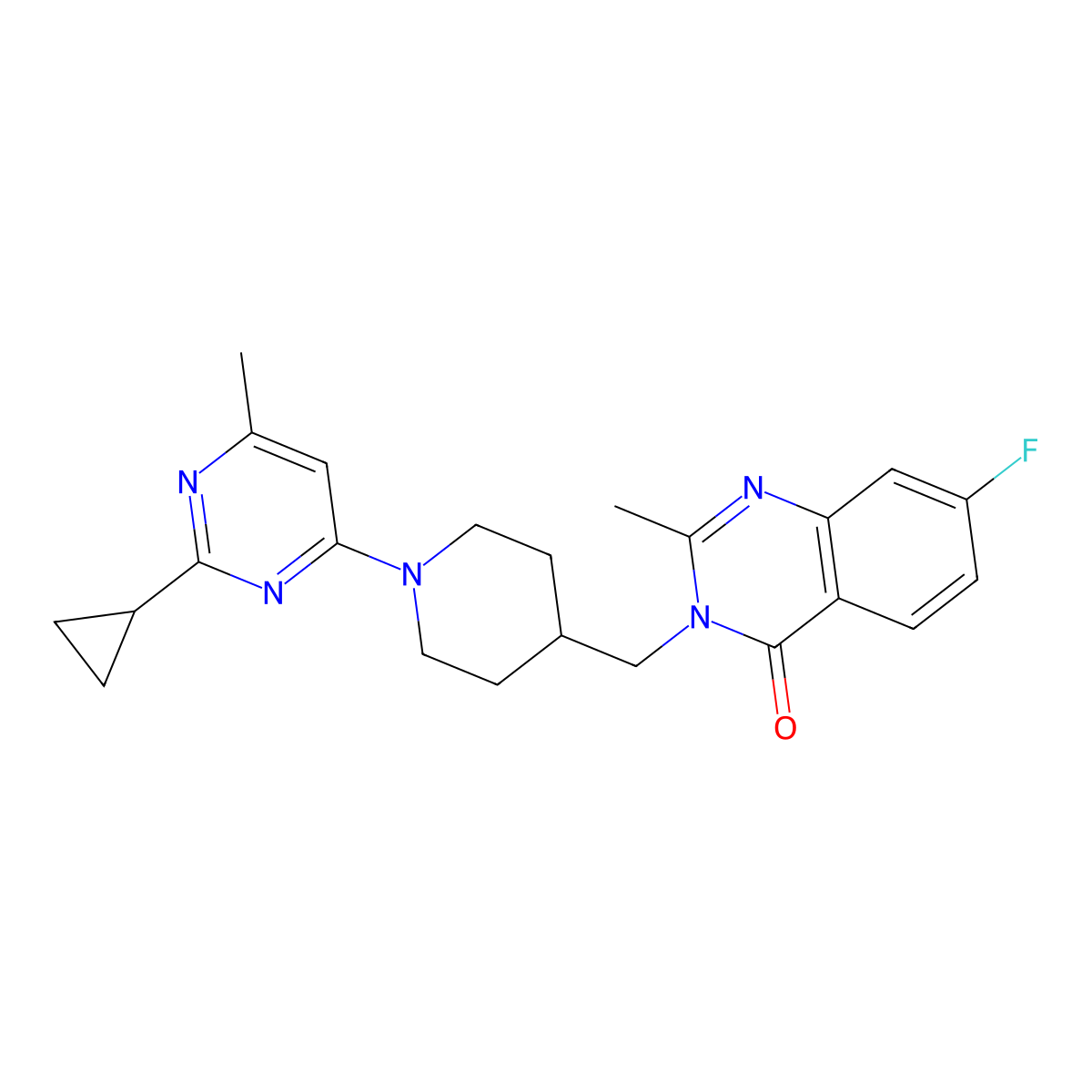 3-{[1-(2-Cyclopropyl-6-methylpyrimidin-4-yl)piperidin-4-yl]methyl}-7-fluoro-2-methyl-3,4-dihydroquinazolin-4-one molecular structure, CAS 2415628-49-6