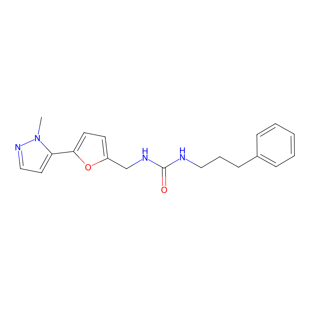 3-{[5-(1-methyl-1H-pyrazol-5-yl)furan-2-yl]methyl}-1-(3-phenylpropyl)urea molecular structure, CAS 2415628-55-4