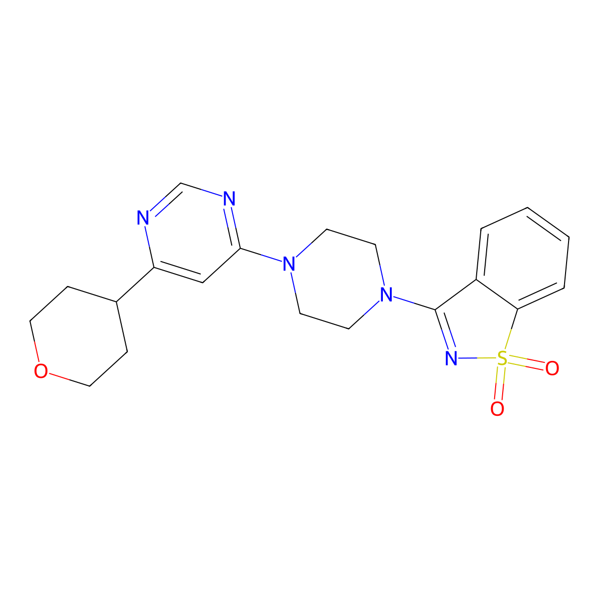 3-{4-[6-(Oxan-4-yl)pyrimidin-4-yl]piperazin-1-yl}-1lambda6,2-benzothiazole-1,1-dione molecular structure, CAS 2415628-57-6