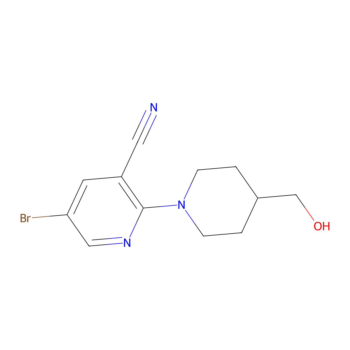5-Bromo-2-[4-(hydroxymethyl)piperidin-1-yl]pyridine-3-carbonitrile molecular structure, CAS 2415628-66-7