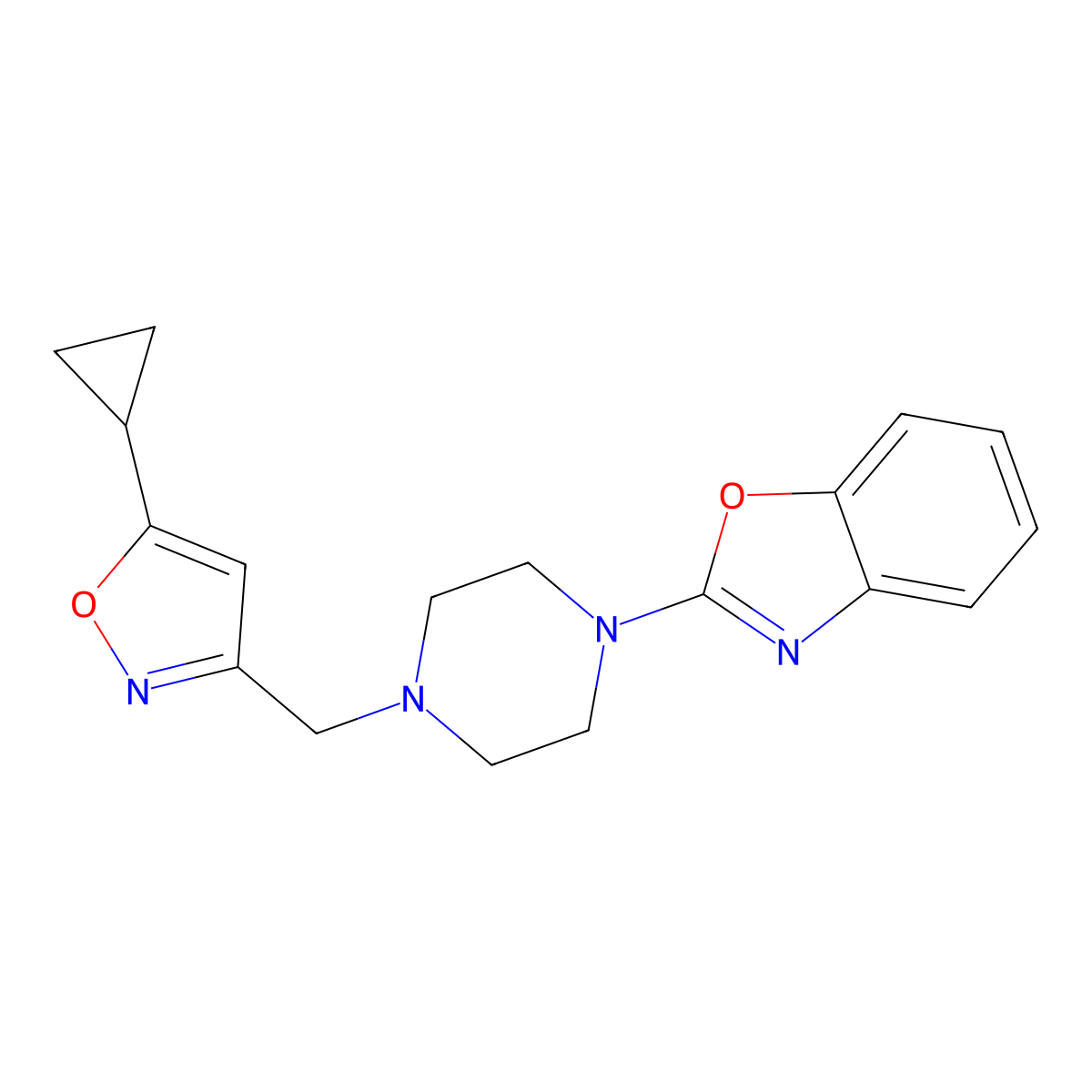 2-{4-[(5-Cyclopropyl-1,2-oxazol-3-yl)methyl]piperazin-1-yl}-1,3-benzoxazole molecular structure, CAS 2415628-75-8