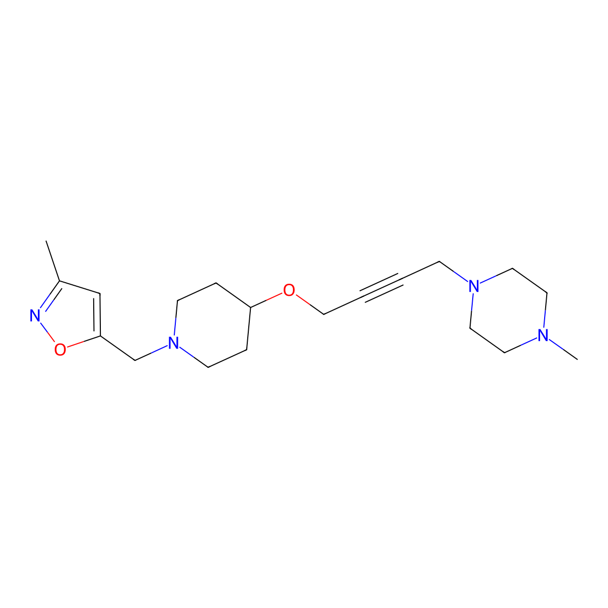 1-Methyl-4-[4-({1-[(3-methyl-1,2-oxazol-5-yl)methyl]piperidin-4-yl}oxy)but-2-yn-1-yl]piperazine molecular structure, CAS 2415628-91-8