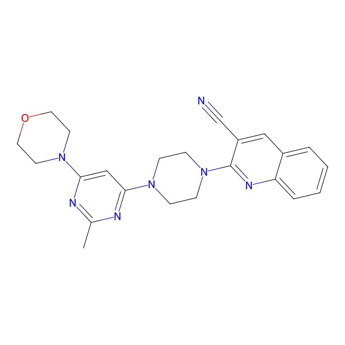 2-{4-[2-Methyl-6-(morpholin-4-yl)pyrimidin-4-yl]piperazin-1-yl}quinoline-3-carbonitrile molecular structure, CAS 2415629-00-2