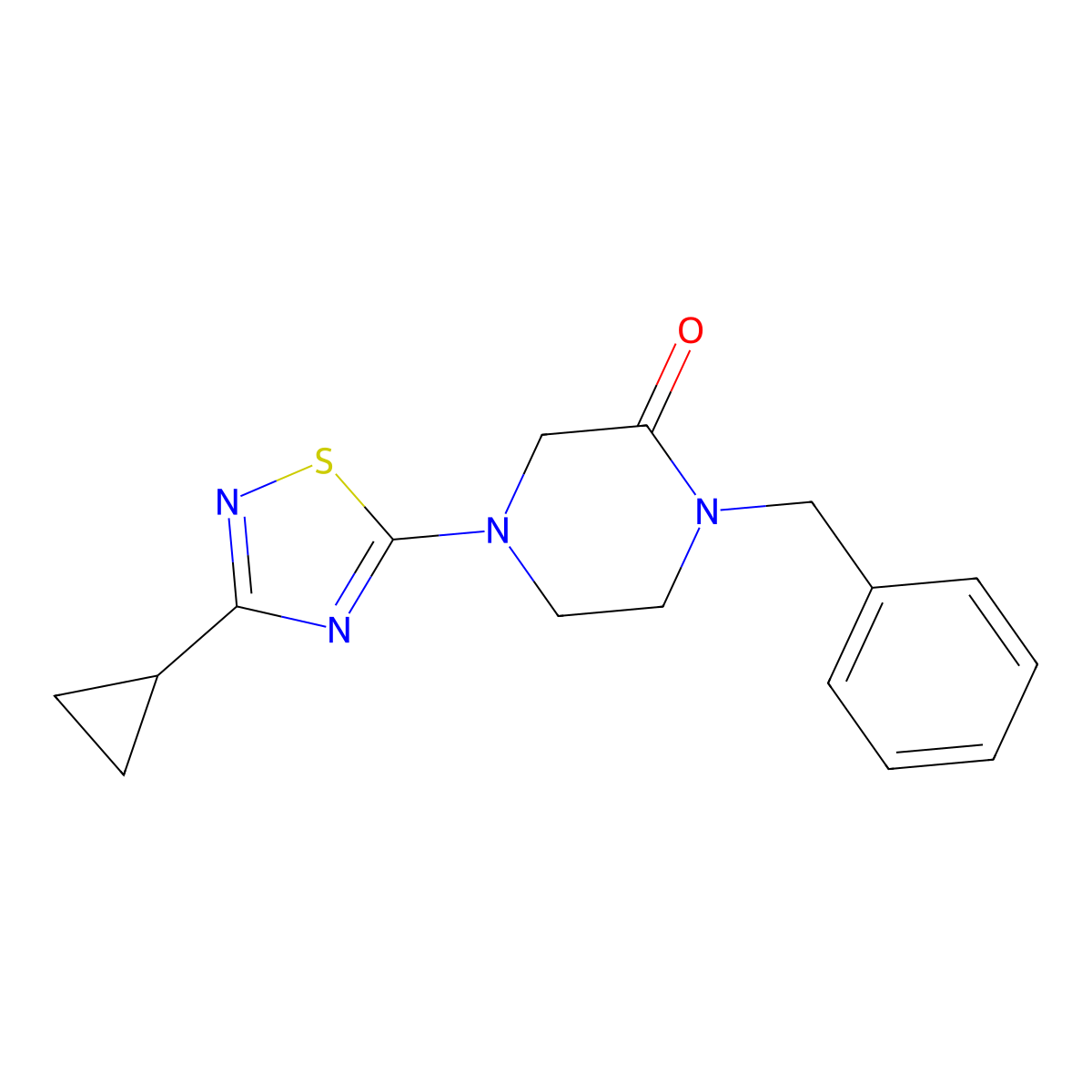 1-Benzyl-4-(3-cyclopropyl-1,2,4-thiadiazol-5-yl)piperazin-2-one molecular structure, CAS 2415629-12-6