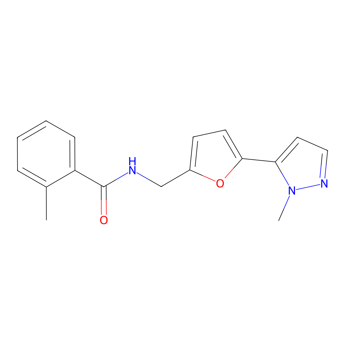 2-methyl-N-{[5-(1-methyl-1H-pyrazol-5-yl)furan-2-yl]methyl}benzamide molecular structure, CAS 2415629-15-9