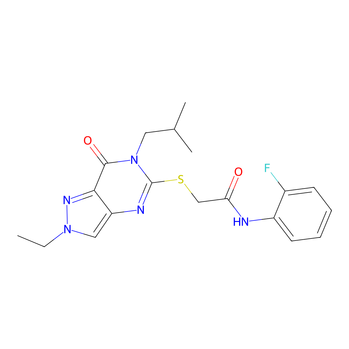 2-{[2-ethyl-6-(2-methylpropyl)-7-oxo-2H,6H,7H-pyrazolo[4,3-d]pyrimidin-5-yl]sulfanyl}-N-(2-fluorophenyl)acetamide molecular structure, CAS 2415629-19-3