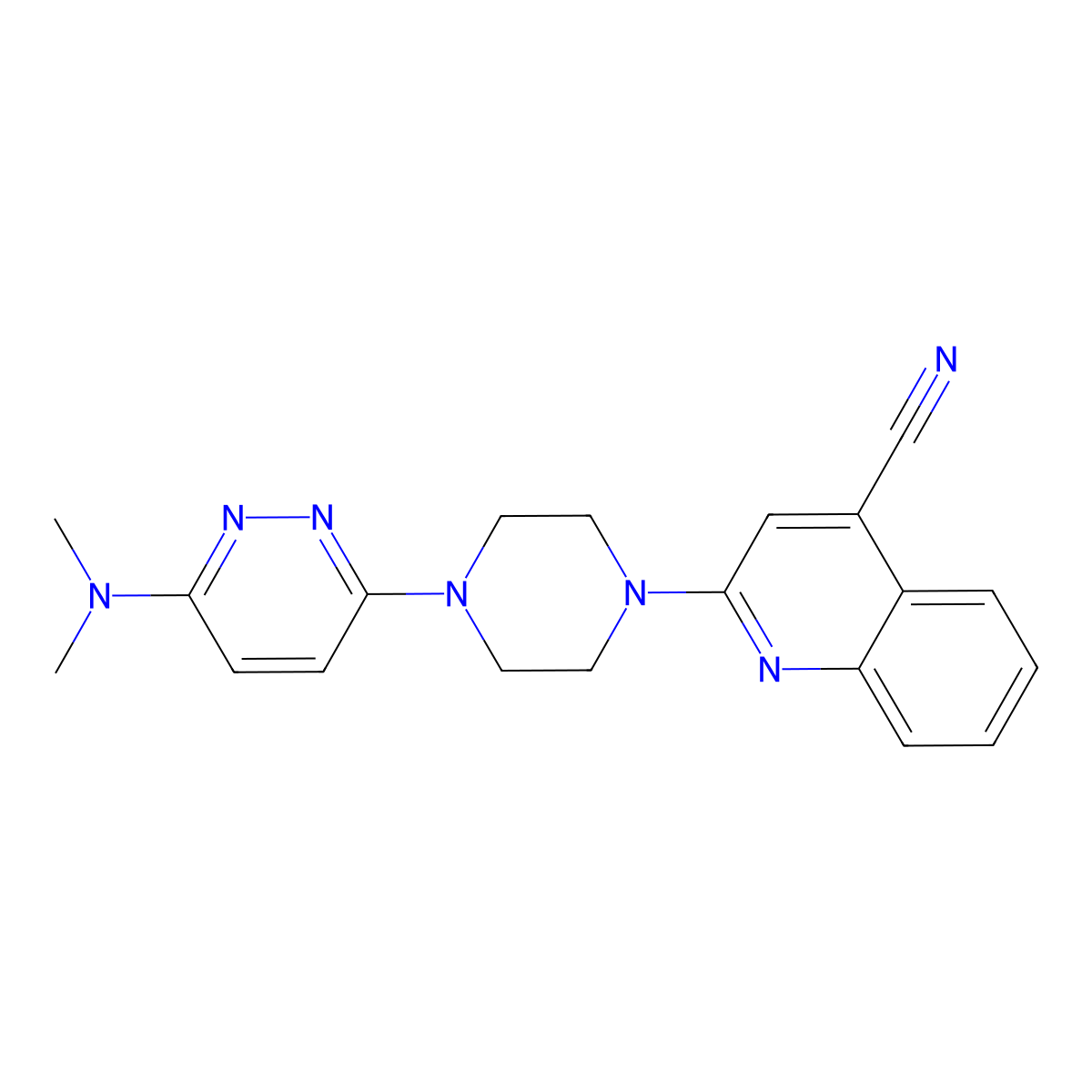 2-{4-[6-(Dimethylamino)pyridazin-3-yl]piperazin-1-yl}quinoline-4-carbonitrile molecular structure, CAS 2415629-24-0