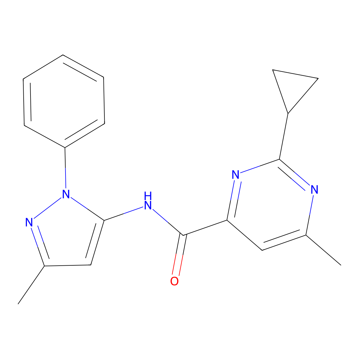2-cyclopropyl-6-methyl-N-(3-methyl-1-phenyl-1H-pyrazol-5-yl)pyrimidine-4-carboxamide molecular structure, CAS 2415629-31-9