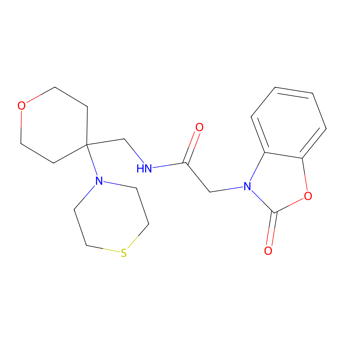 2-(2-oxo-2,3-dihydro-1,3-benzoxazol-3-yl)-N-{[4-(thiomorpholin-4-yl)oxan-4-yl]methyl}acetamide molecular structure, CAS 2415629-39-7