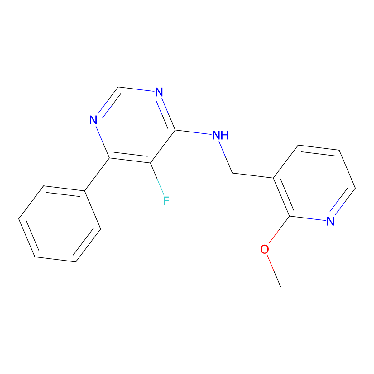 5-Fluoro-N-[(2-methoxypyridin-3-yl)methyl]-6-phenylpyrimidin-4-amine molecular structure, CAS 2415629-44-4